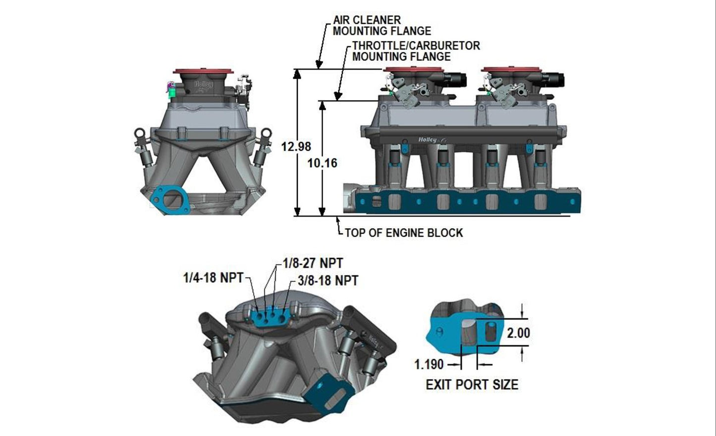 HOLLEY EFI 351W FORD HI-RAM EFI MANIFOLD (9.5" Deck) 105mm LS Throttle Body Flange Top